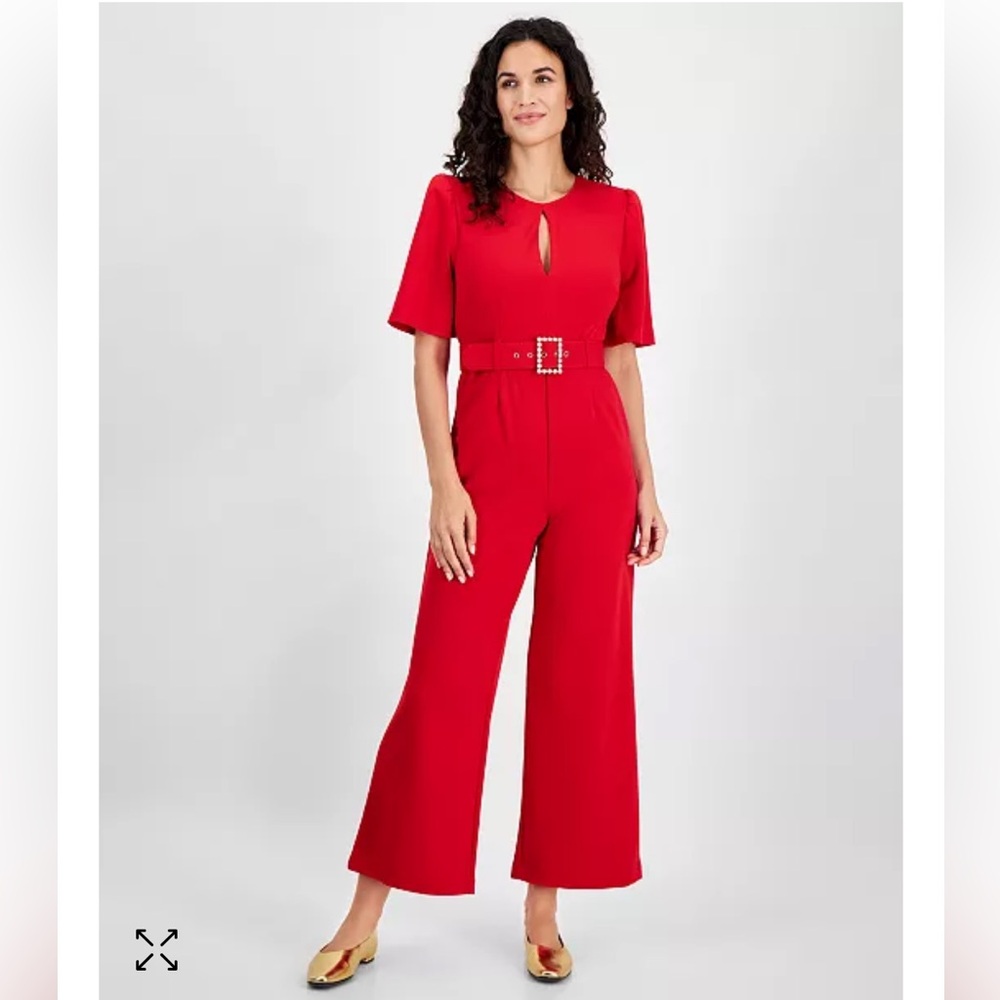 Tahari Belted Wide-Leg Puffed-Shoulder Jumpsuit